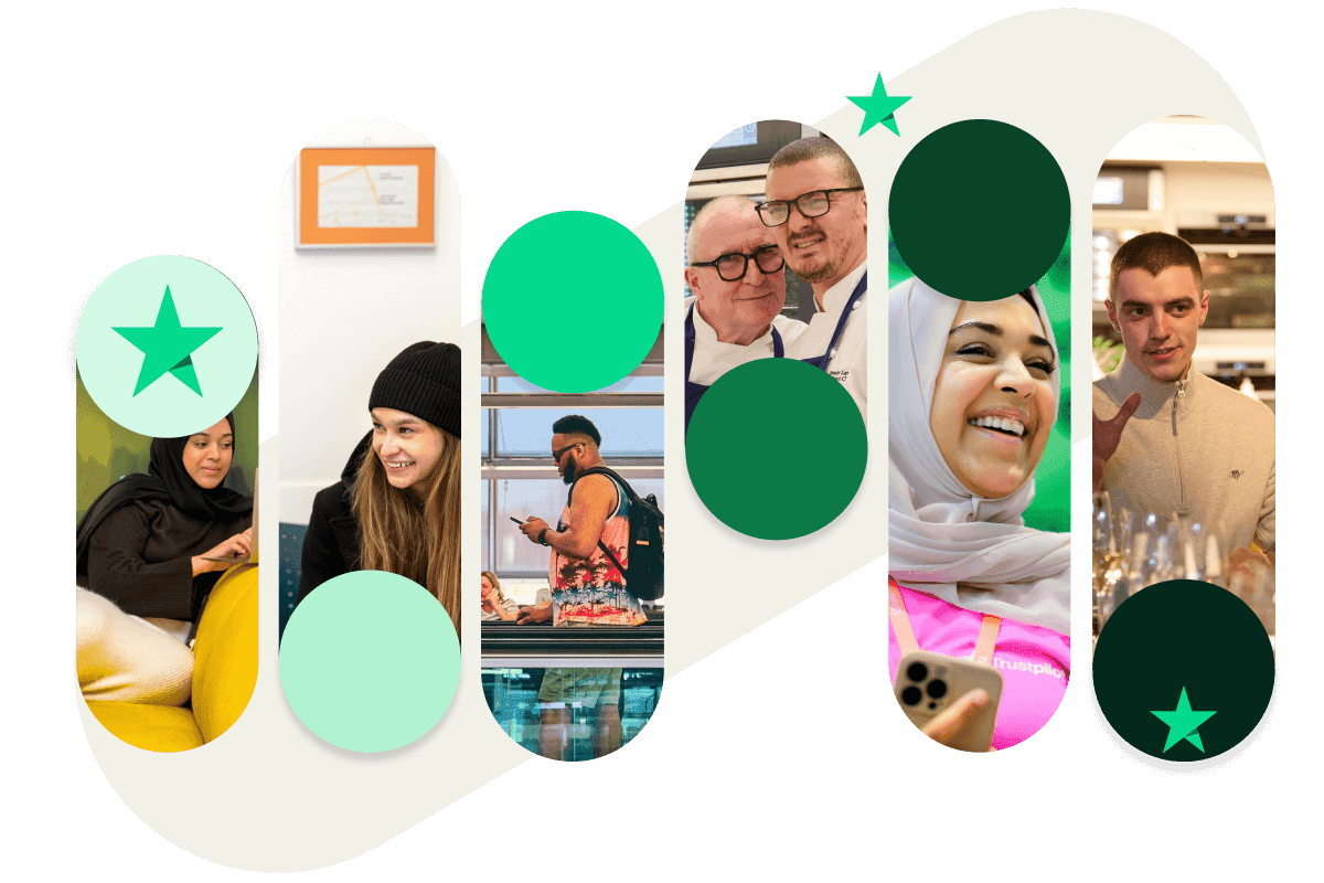 A graphic showing 6 different images of various people in each one. Each image is displayed in a tall oval shape with the Trustpilot star appearing on either end.