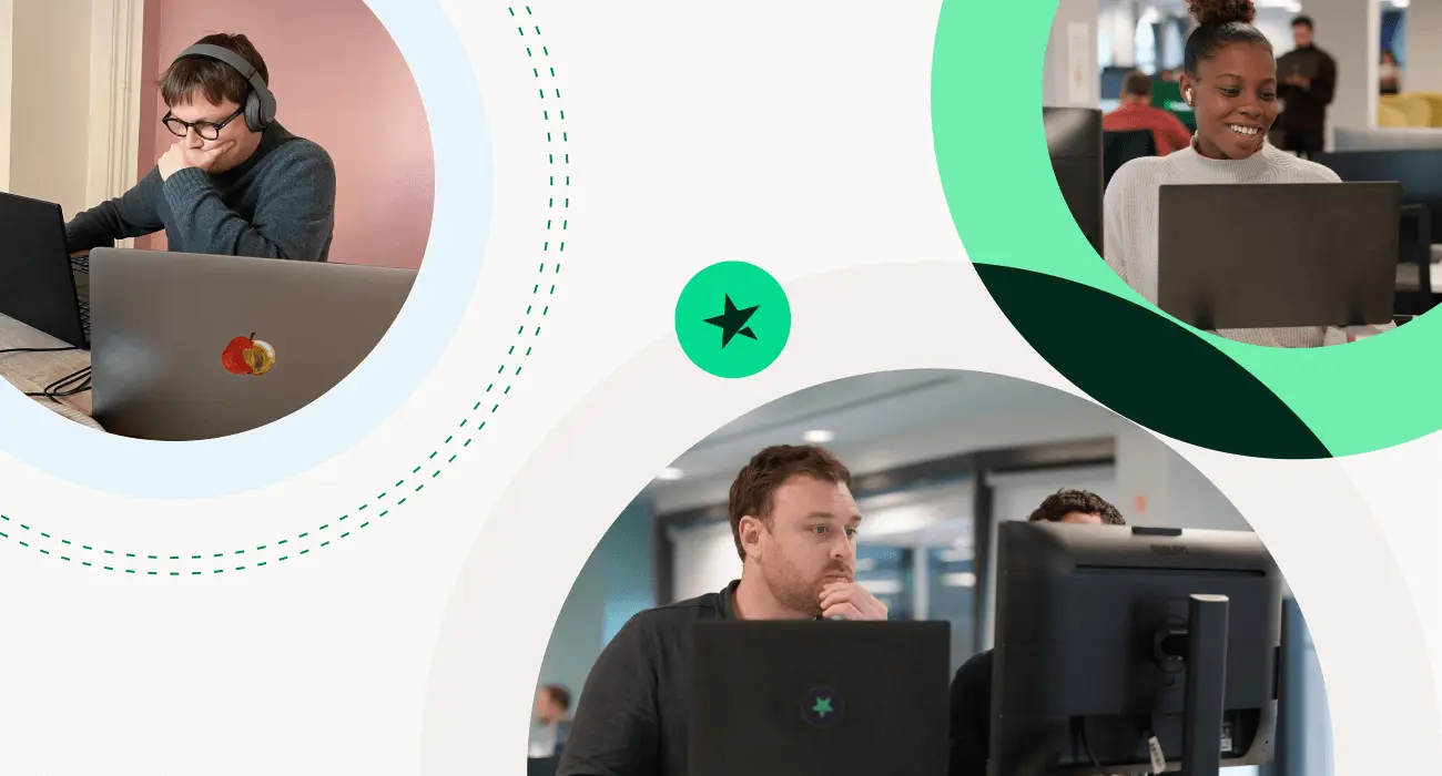 A graphic showcasing three photos of Trustpilot employees working in the office with the Trustpilot logo displayed in the centre